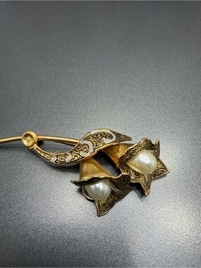 Vintage Damascene and Pearl Brooch  #1DA